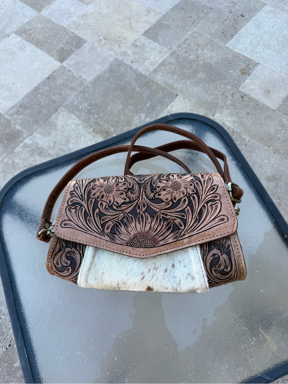 Genuine Hand-Tooled Floral Leather Crossbody Bag in Brown and Cream
